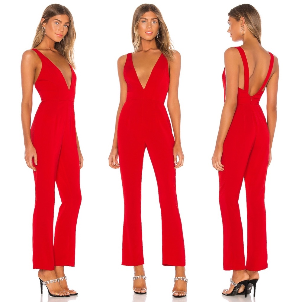 Superdown Jillian Deep V Jumpsuit Red Revolve Sz S